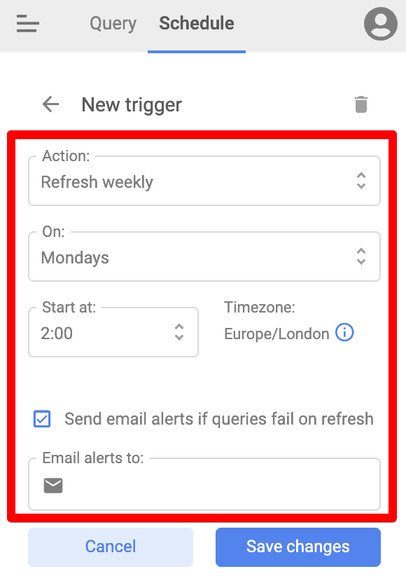 Supermetrics query scheduling settings