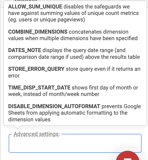 Supermetrics sidebar advanced settings