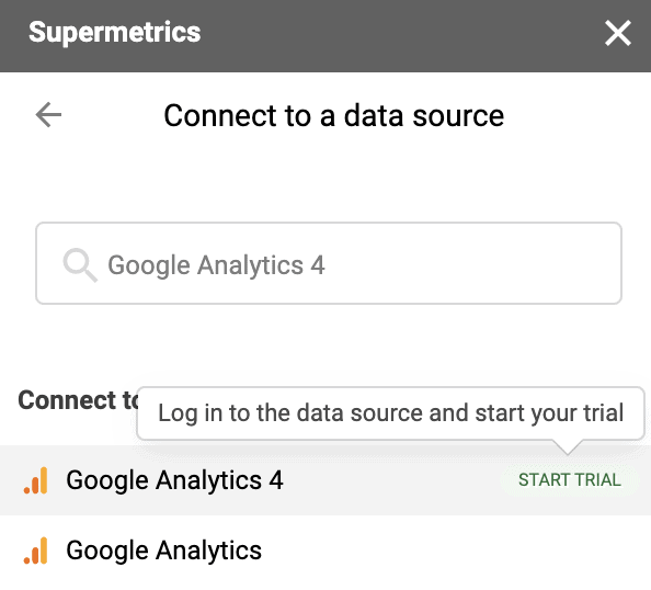 Supermetrics sidebar interface to connect with GA4