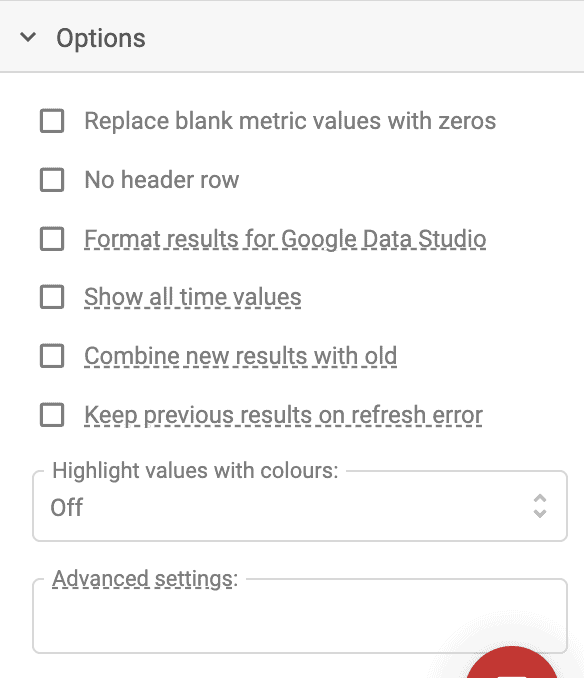 Supermetrics sidebar options interface