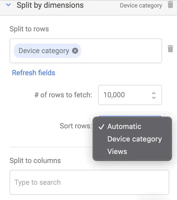 Supermetrics sidebar split by dimensions interface