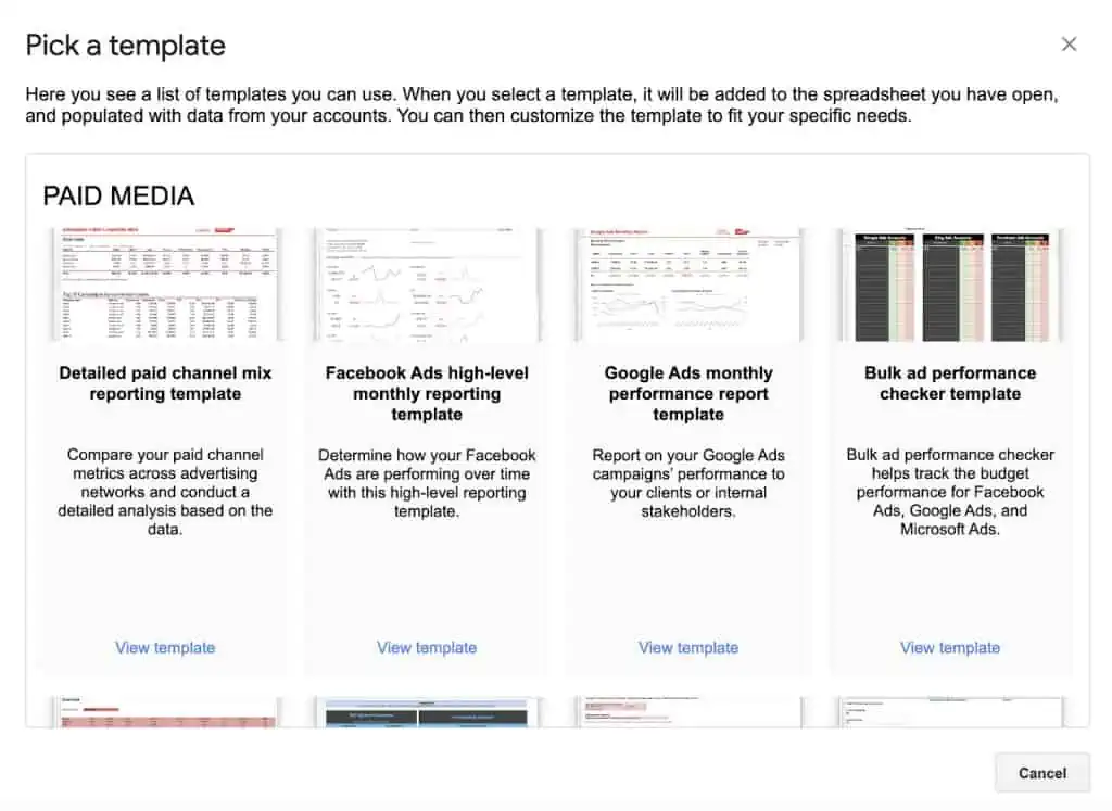 Supermetrics template gallery for GA4 reports