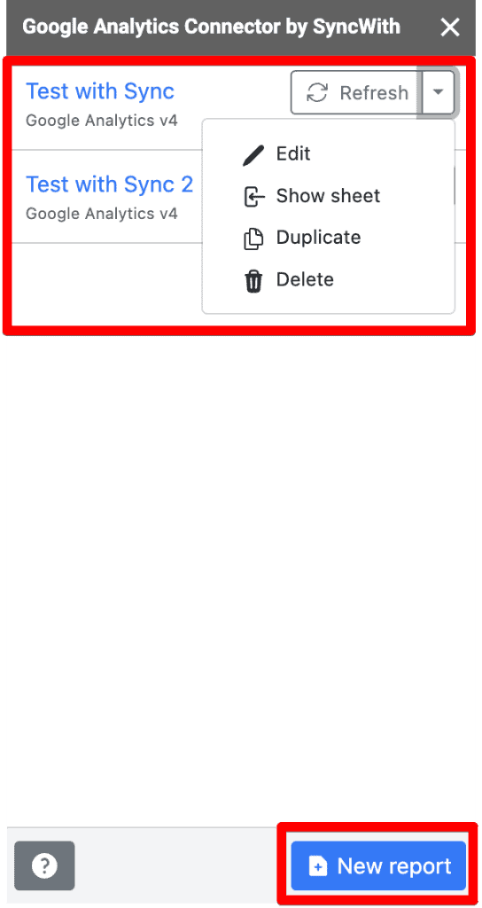 Syncwith sidebar showing edit, duplicate, delete, and show sheets options
