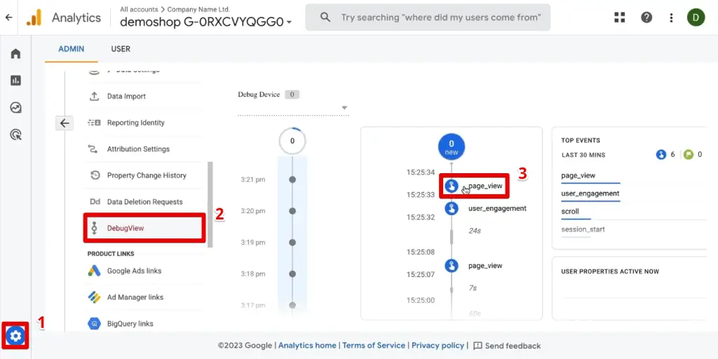 The page_view event in the GA4 DebugView