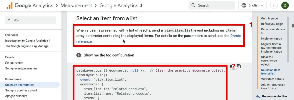 eCommerce event in the documentation