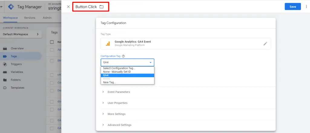 Adding a tag name of the custom event in Google Tag Manager