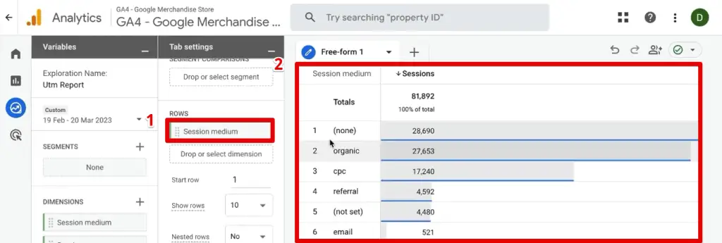 Adding the session medium dimension to the rows section