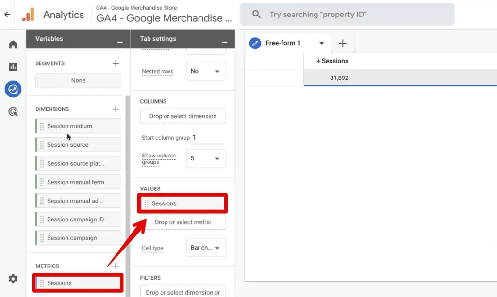 Adding the sessions metric to the values section