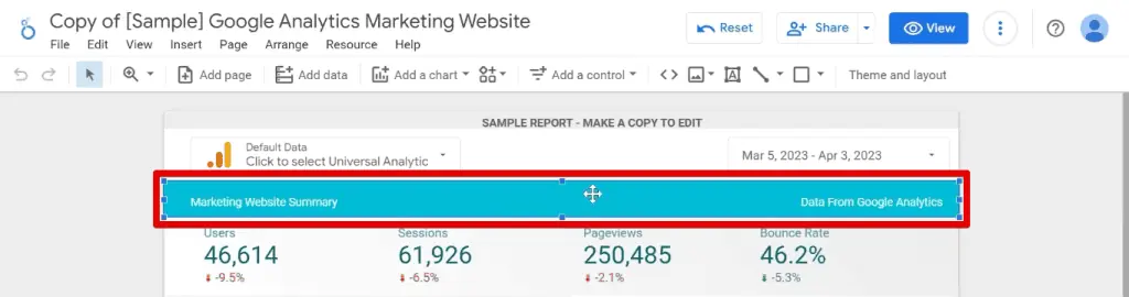 Blue header bar in the example dashboard