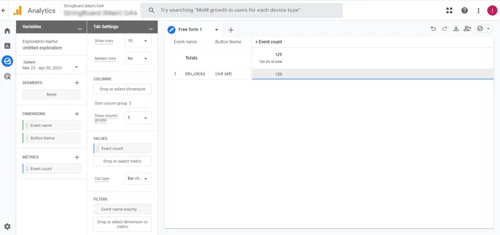 Building reports of buttons’ clicks by using the event name filter (GA4)