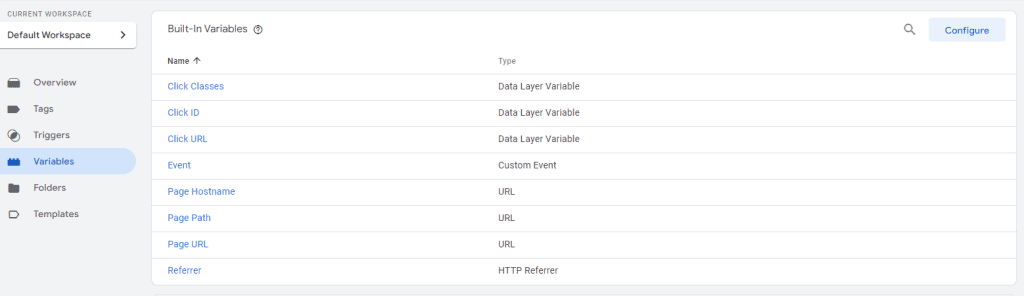 Built-in variables list