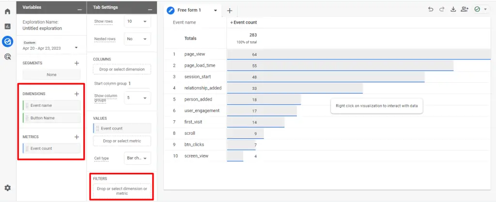 Choosing the list of dimensions within the exploration section (GA4) to build the custom events report