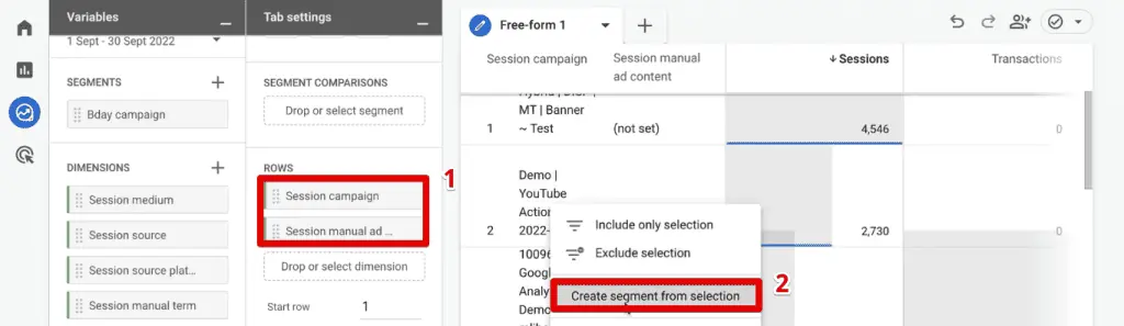 Creating a segment from the selection