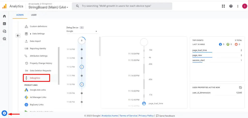 Debug View mode of GA4