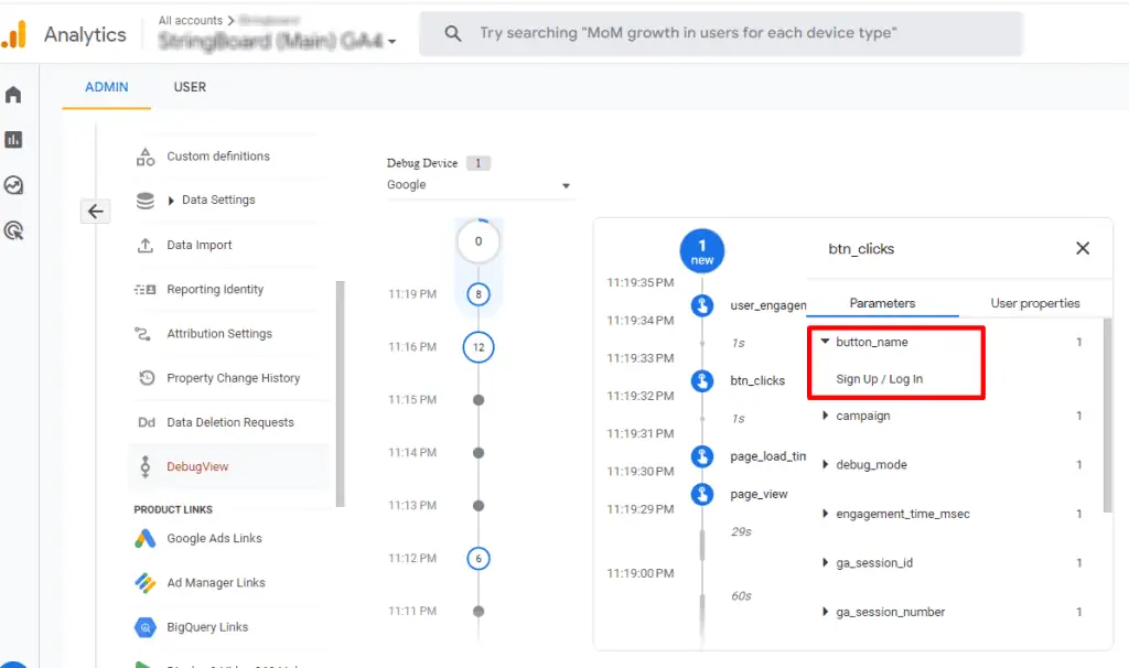 Displaying of custom button names parameters within Debug View of GA4