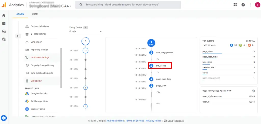 Fired custom event of button clicks in Debug View of GA4