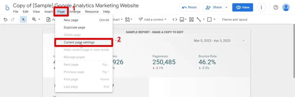 Going to the page settings