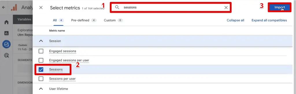 Inserting the sessions metric into the exploration report