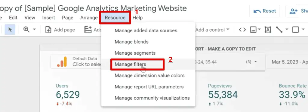 Managing existing filters in the resource tab