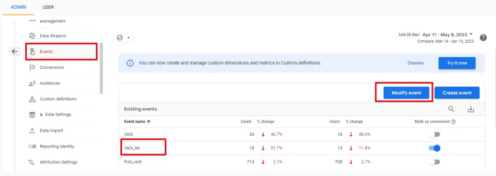 Modifying parameters of the existing events