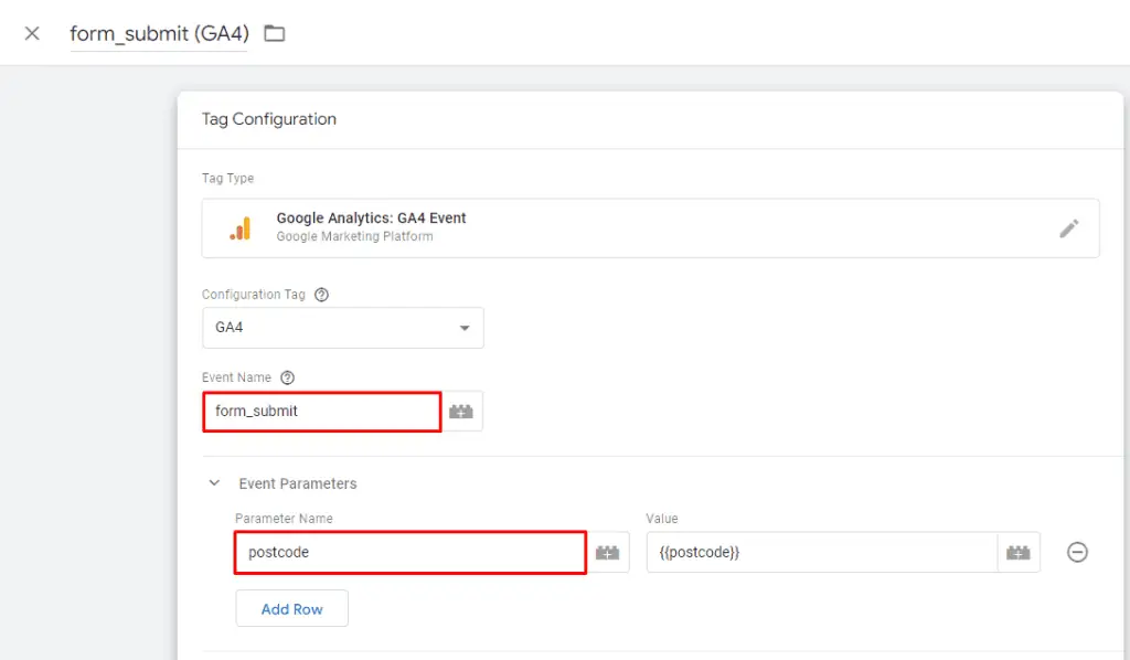 Naming Event and adding parameter row