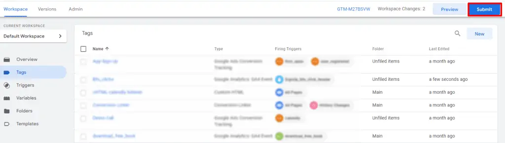 Publishing Google Tag Manager container