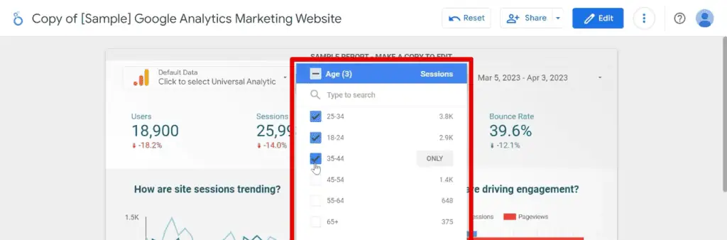 Selecting age groups in the data control