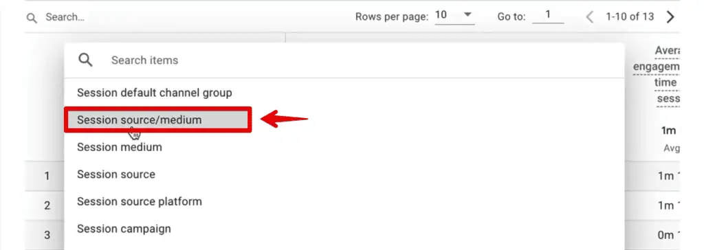 Selecting session source/medium as the primary dimension