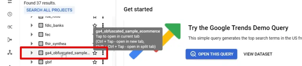 Accessing the GA4 sample eCommerce dataset