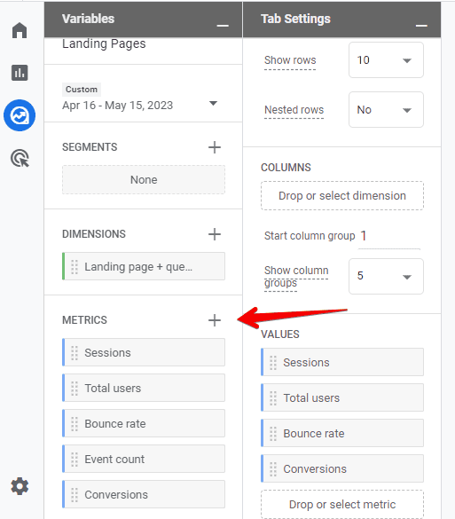 Choosing metrics for the landing page report