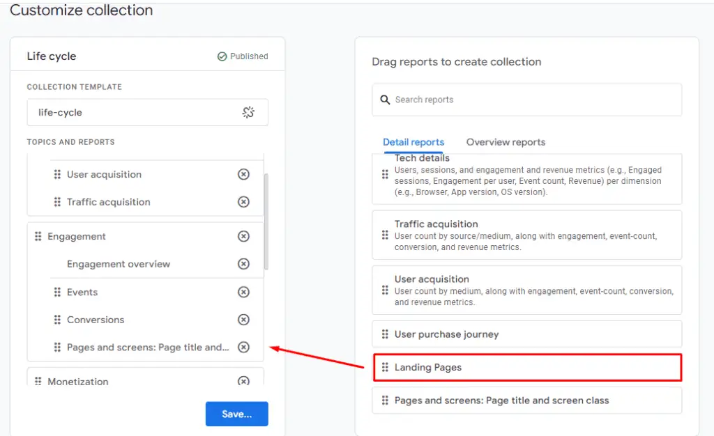 Choosing the newly created landing pages report