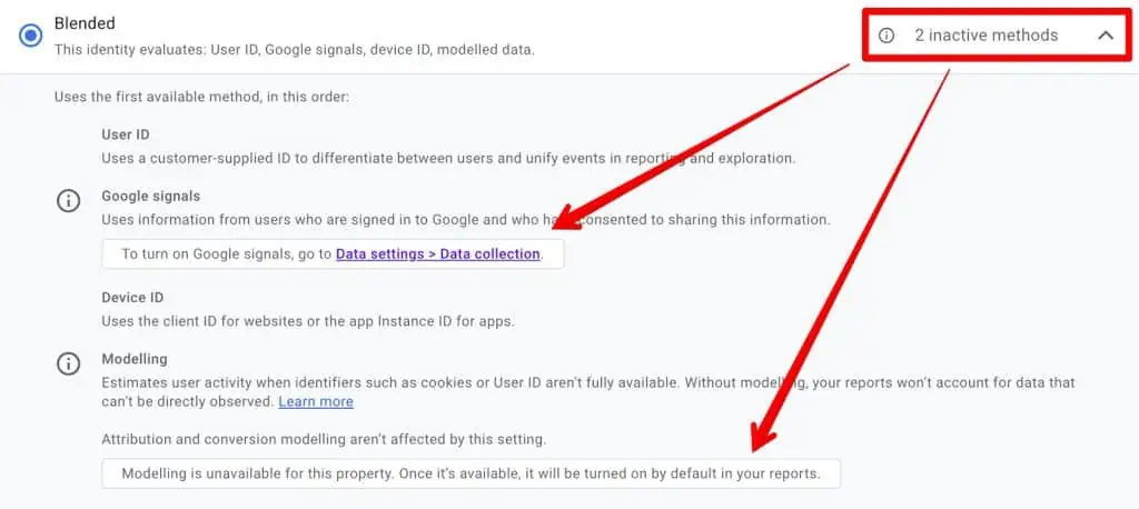 Clicking on downward arrows in GA4 reporting identity interface shows more information