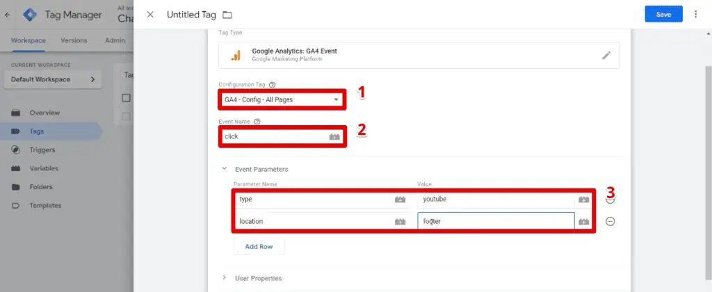 Configuration of the Youtube click tag