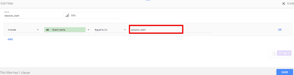 Configuring filter with event name sessions_start