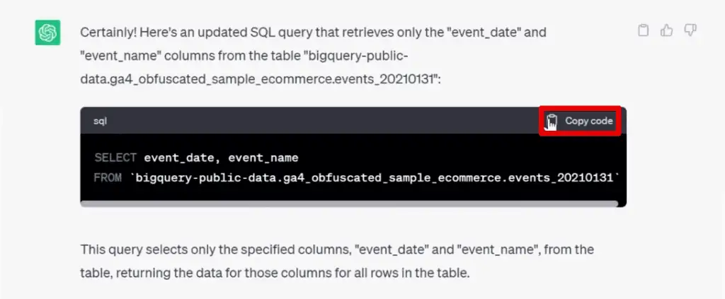 Copying the code for retrieving the event_date and event_name columns
