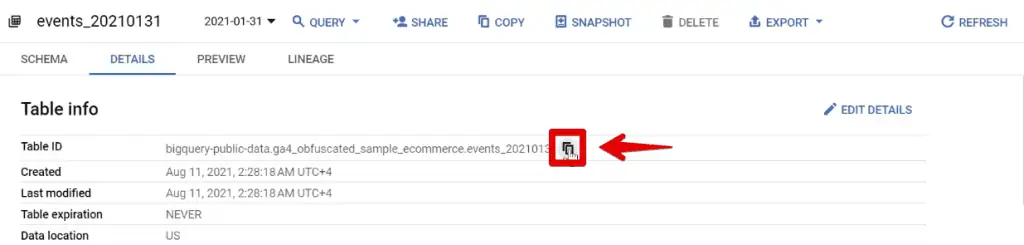Copying the table ID