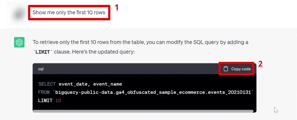 Copying the updated code for retrieving the first 10 rows