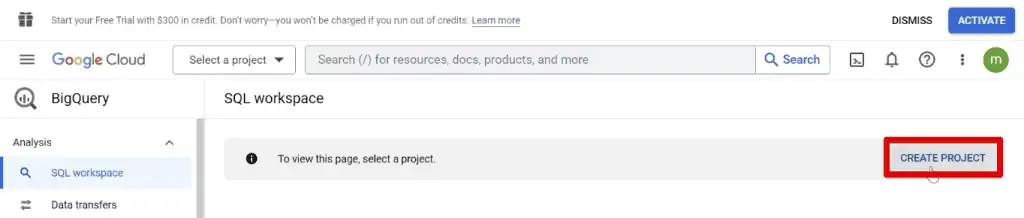 Creating a new project in the BigQuery SQL workspace
