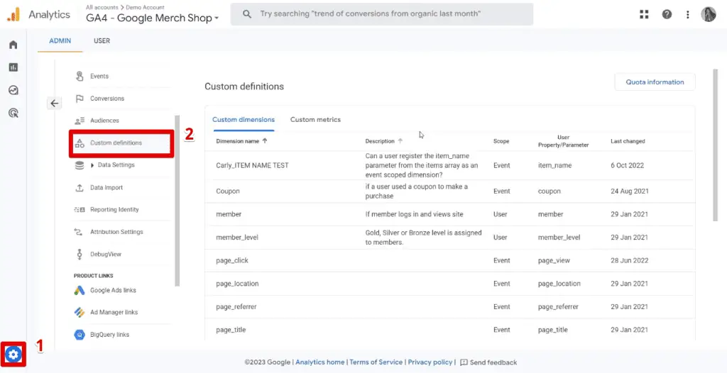 Custom definitions in GA4