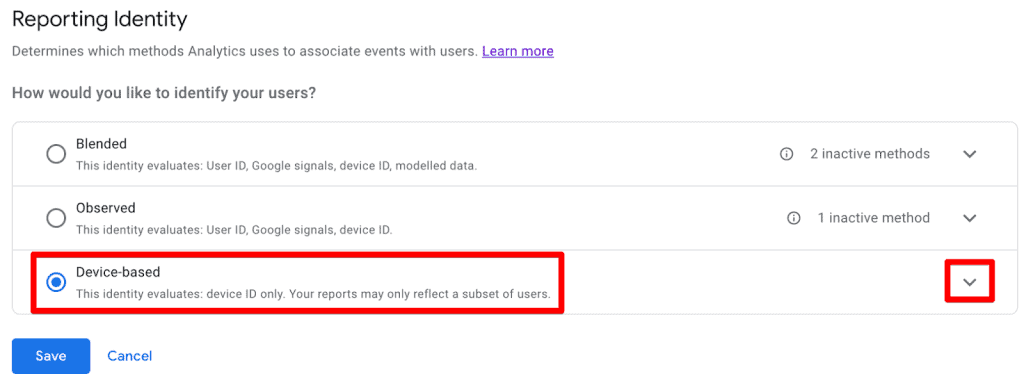 Device-based identity visible in GA4 after clicking on the show all button