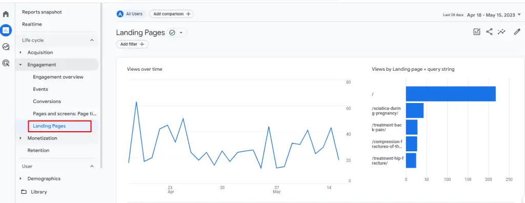 Displaying landing page report in the left side navigation in GA4