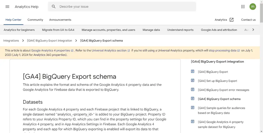 GA4 BigQuery export schema documentation