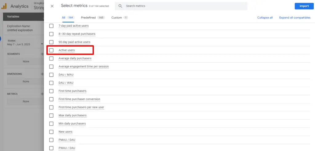 Importing Active Users metric to the Exploration report