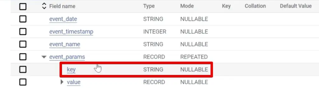 Key field in the event parameter