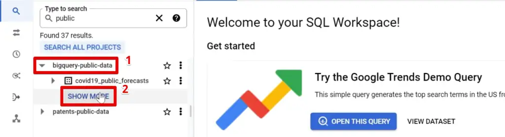 Opening the BigQuery public data project