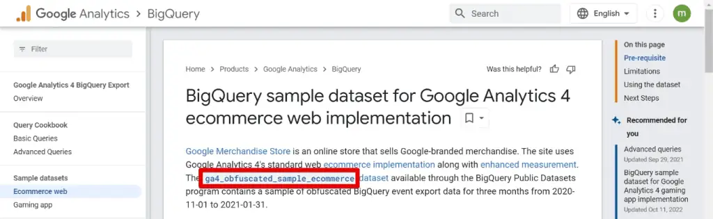 Opening the GA4 sample dataset from the Google Analytics documentation