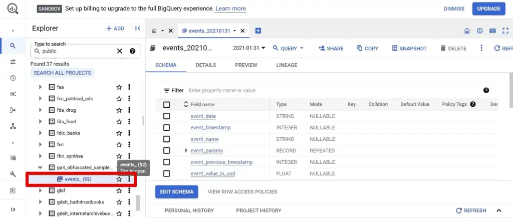 Opening the events table from the GA4 dataset