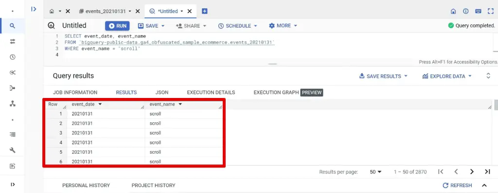 Query results for filtered scroll events