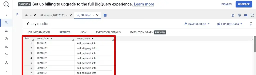Query results for retrieving event_date and event_name columns