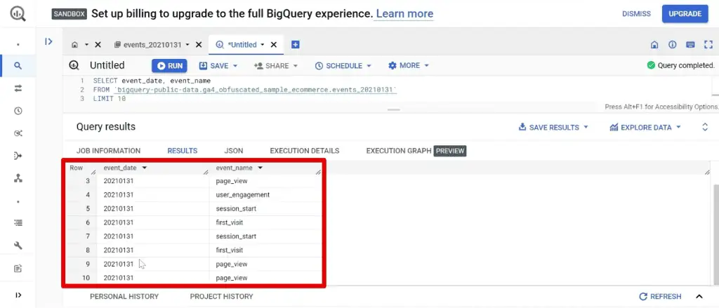 Query results for retrieving the first 10 rows
